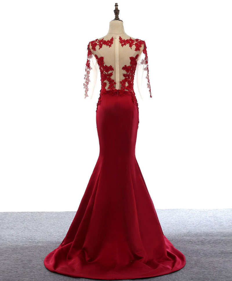 Burgundy Round Neck Lace Satin Mermaid Long Prom Dress Lace Formal Dress US 6 / Burgundy Burgundy Round Neck Lace Satin Mermaid Long Prom Dress Lace Formal Dress US 6 / Burgundy