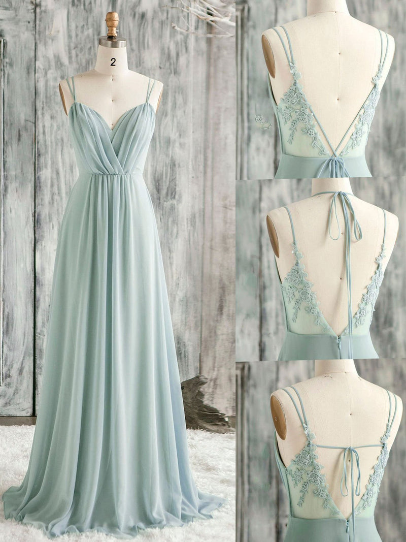 Green A line Chiffon Lace Long Prom Dress, Lace Bridesmaid Dress