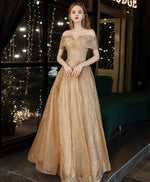 Gold Tulle Sequin Off Shoulder Long Prom Dress, Gold Formal Evening Dresses