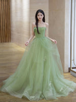 Green A line Tulle Long Prom Dress Green, Tulle Formal Evening Graduation Dresses