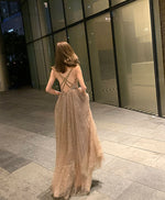 Simple Champagne V Neck Tulle Sequin Long Prom Dress Formal Dress