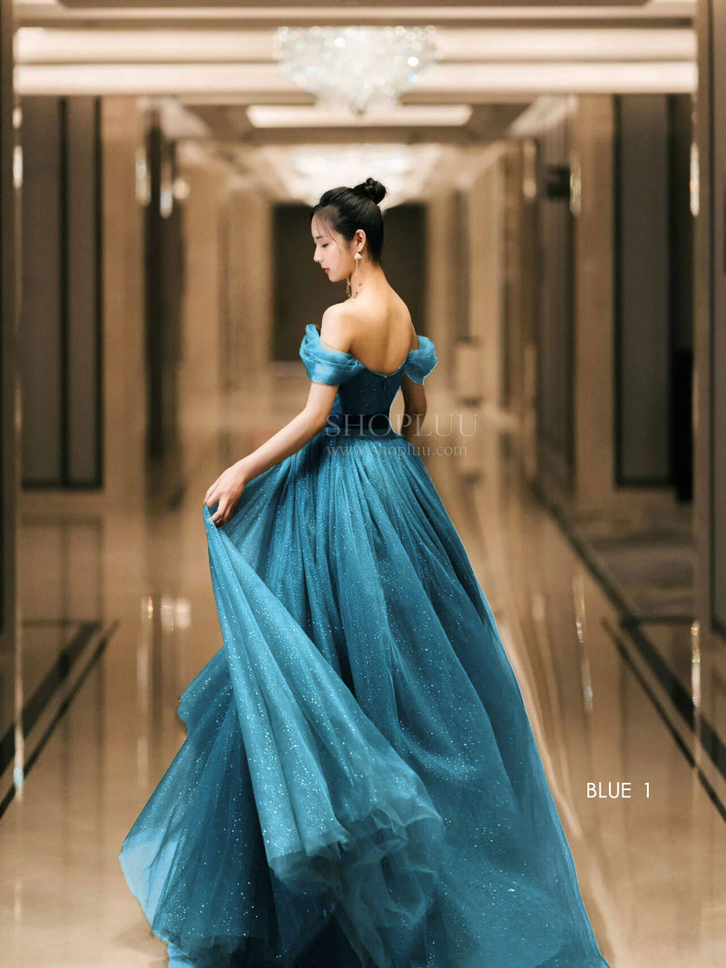 Elegant Sweetheart Neck Tulle Sequin Long Prom Dress, Backless Graduation Dresses Custom Size / Blue 1 Elegant Sweetheart Neck Tulle Sequin Long Prom Dress, Backless Graduation Dresses Custom Size / Blue 1