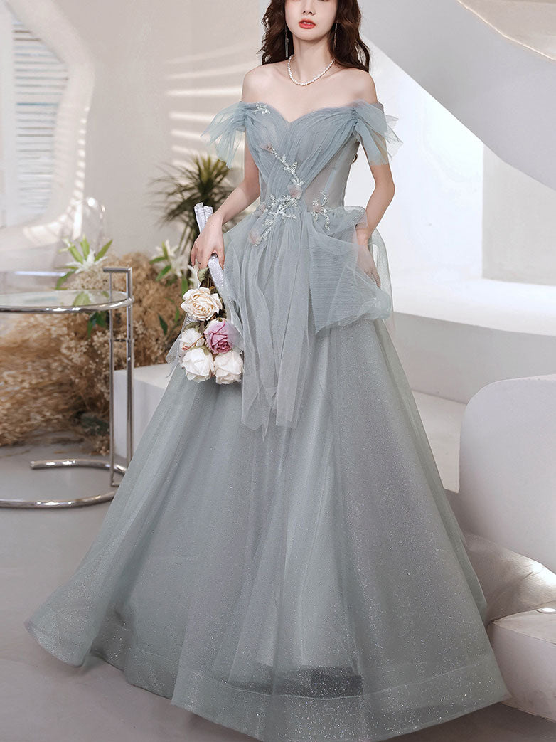Gray Sweetheart Neck Tulle Long Prom Dress Gray Evening Dress