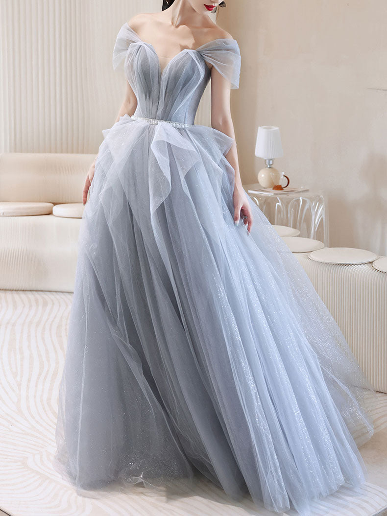 Gray Tulle Off Shoulder Long Prom Dress, Gray Tulle Formal Dress