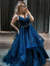 Blue V Neck Tulle Sequin Long Prom Dress Blue Formal Dress