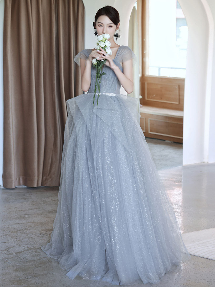 Gray Tulle Off Shoulder Long Prom Dress, Gray Tulle Formal Dress