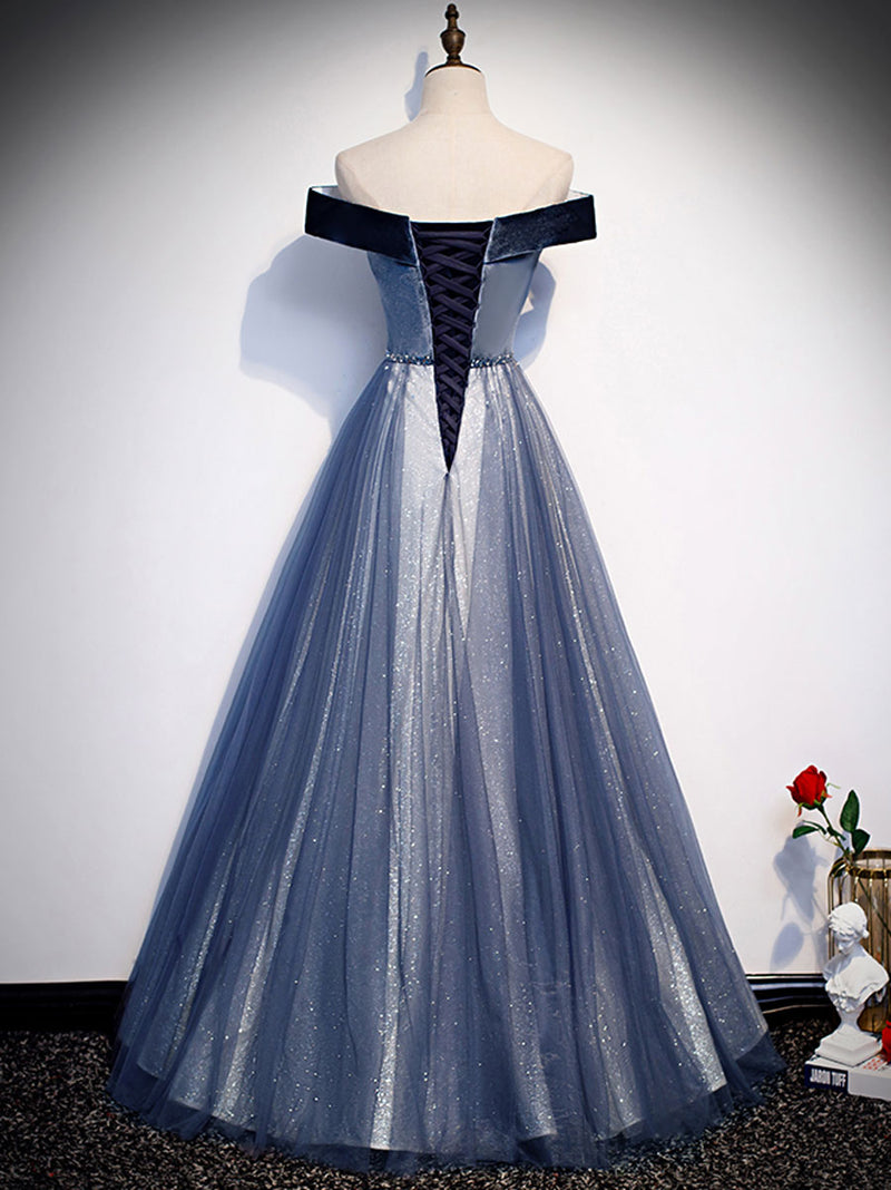 Blue Tulle Beads Long Prom Dress, Blue Tulle Formal Dress