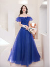 Blue Tulle Off Shoulder Long Prom Dress, Tulle A line Evening Dress