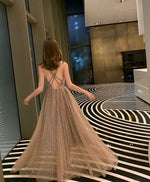 Simple Champagne V Neck Tulle Sequin Long Prom Dress Formal Dress