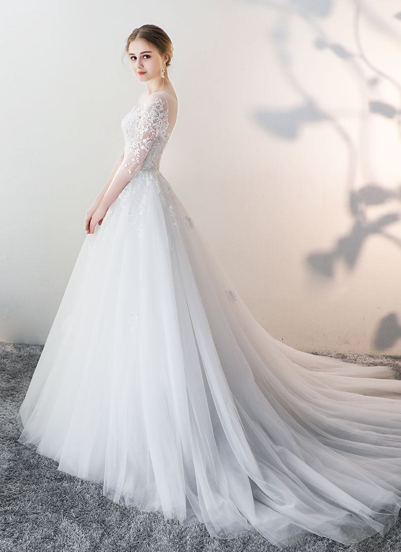 White Round Neck Tulle Lace Long Bridal Gown Lace Wedding Dress