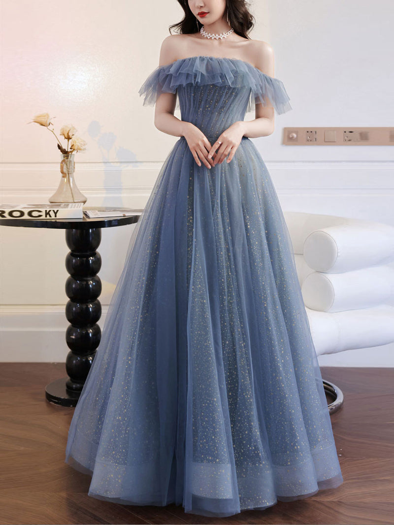 Gray Blue Tulle Long Prom Dress Gray Blue Tulle Formal Dress