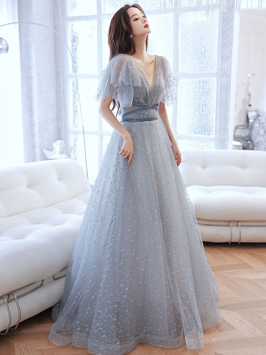 shopluu Elegant V Neck Gray Gold Tulle Lace Long Prom Dress Tulle Formal Dress Custom Size / Gray