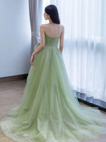 Green A line Tulle Long Prom Dress Green, Tulle Formal Evening Graduation Dresses