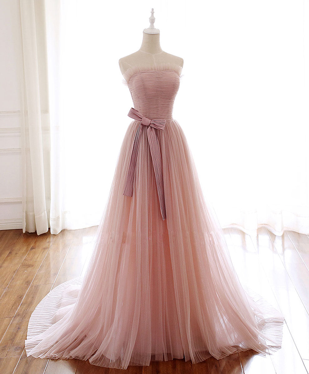Aline Pink Tulle Long Prom Dresses, Pink Off Shoulder Formal Graduation  Dresses