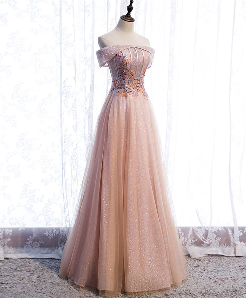 Pink Tulle Sequin Beads Long Prom Dress, Pink Tulle Formal Dresses