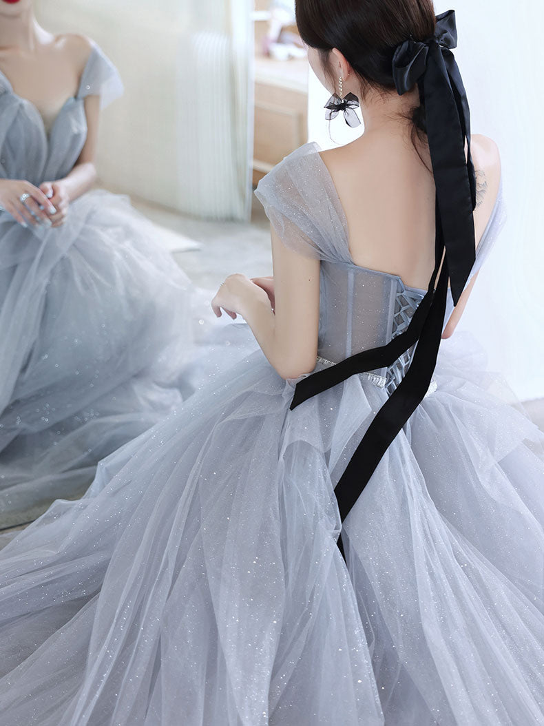Gray Tulle Off Shoulder Long Prom Dress, Gray Tulle Formal Dress