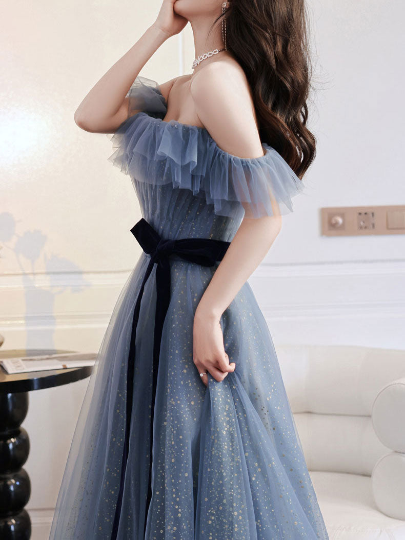Gray Blue Tulle Long Prom Dress Gray Blue Tulle Formal Dress