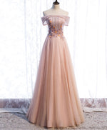 Pink Tulle Sequin Beads Long Prom Dress, Pink Tulle Formal Dresses