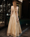 Gold Tulle Sequin Off Shoulder Long Prom Dress, Gold Formal Evening Dresses