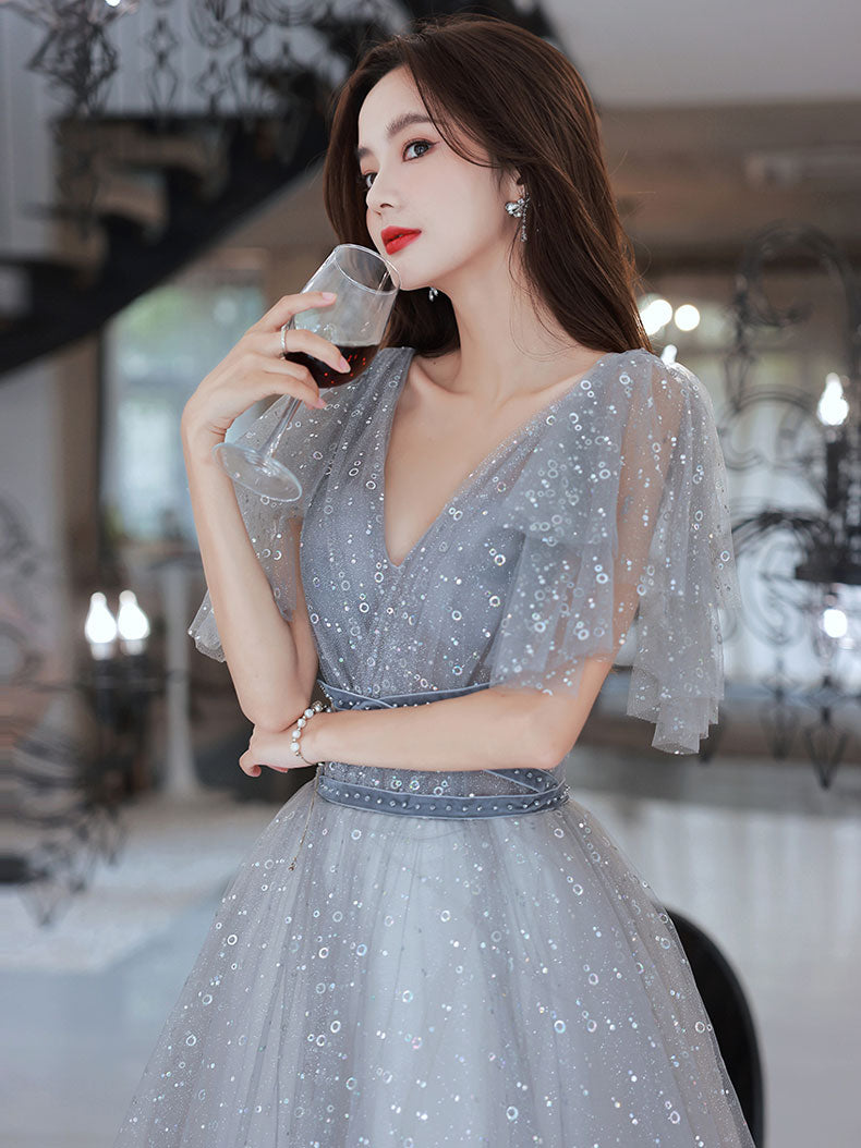 Gray V Neck Tulle Long Prom Dress, Gray A line Evening Dress