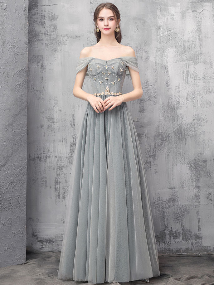 Gray A-line Off Shoulder Tulle Beads Long Prom Dress, Gray Evening Dress US 14 / Gray