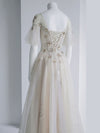 Light Champagne Tulle Sequin Tea Length Prom Dress, Tulle Formal Dress