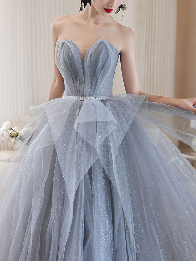 Gray Tulle Off Shoulder Long Prom Dress, Gray Tulle Formal Dress