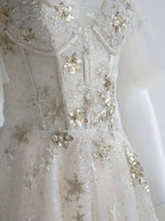 Light Champagne Tulle Sequin Tea Length Prom Dress, Tulle Formal Dress