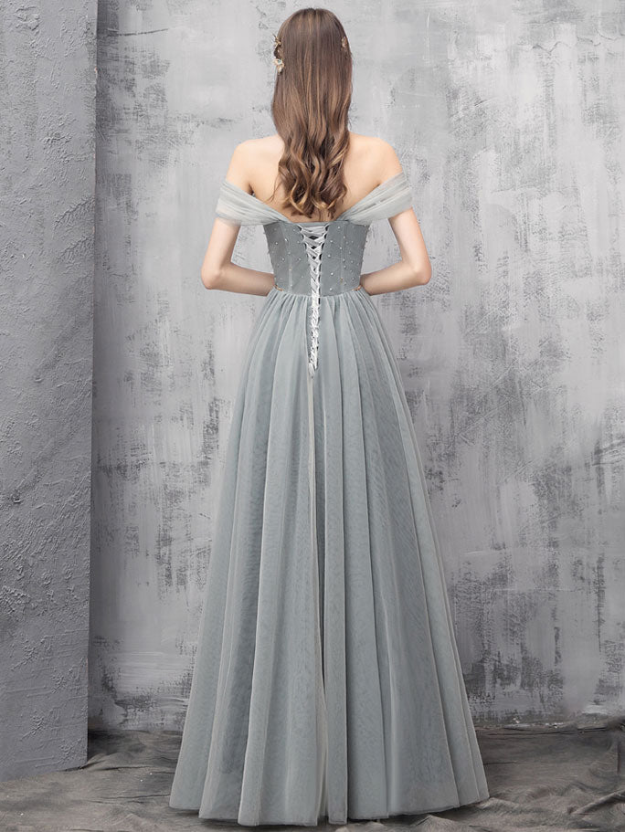 Gray A-line Off Shoulder Tulle Beads Long Prom Dress, Gray Evening Dress US 14 / Gray