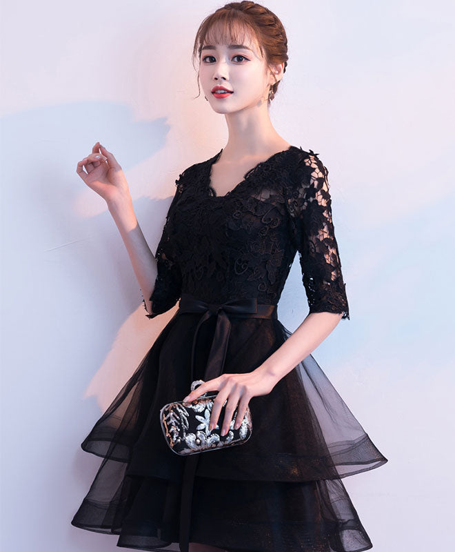 Black V Neck Lace Tulle Short Prom Dress, Black Homecoming Dress US 8 / Black Black V Neck Lace Tulle Short Prom Dress, Black Homecoming Dress US 8 / Black