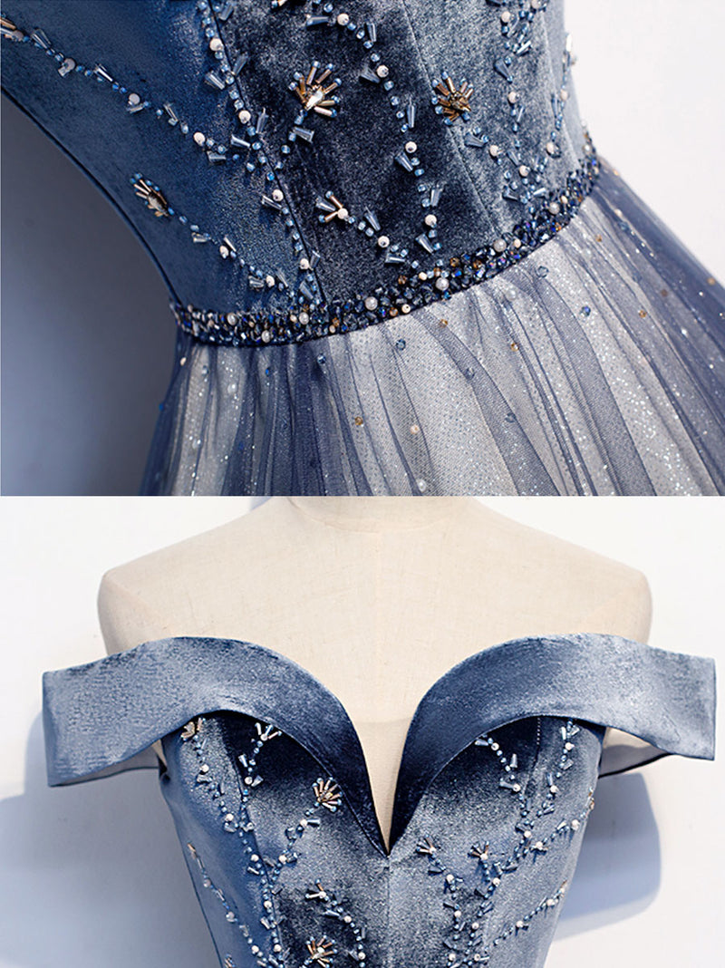 Blue Tulle Beads Long Prom Dress, Blue Tulle Formal Dress