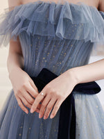 Gray Blue Tulle Long Prom Dress Gray Blue Tulle Formal Dress