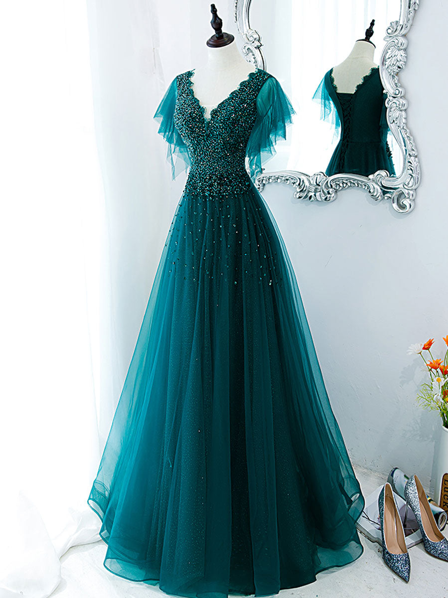 A Line V Neck Dark Green Long Prom Dresses with Leg Slit, High Slit Gr –  jbydress