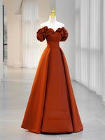 A-Line Off Shoulder Satin Orange Long Prom Dress, Orange Formal Evening Dress