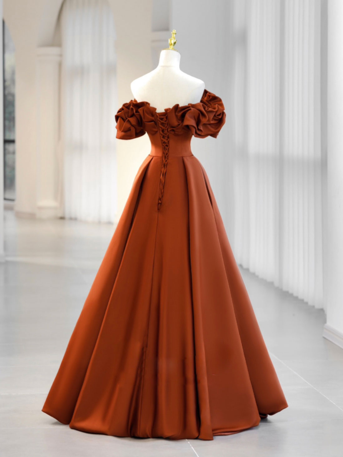 orange brown dress for wedding A-Line Off Shoulder Satin Long Prom Dress, Orange Formal Evening neck satin wedding guest