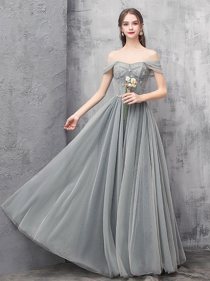 Gray A-line Off Shoulder Tulle Beads Long Prom Dress, Gray Evening Dre – shopluu