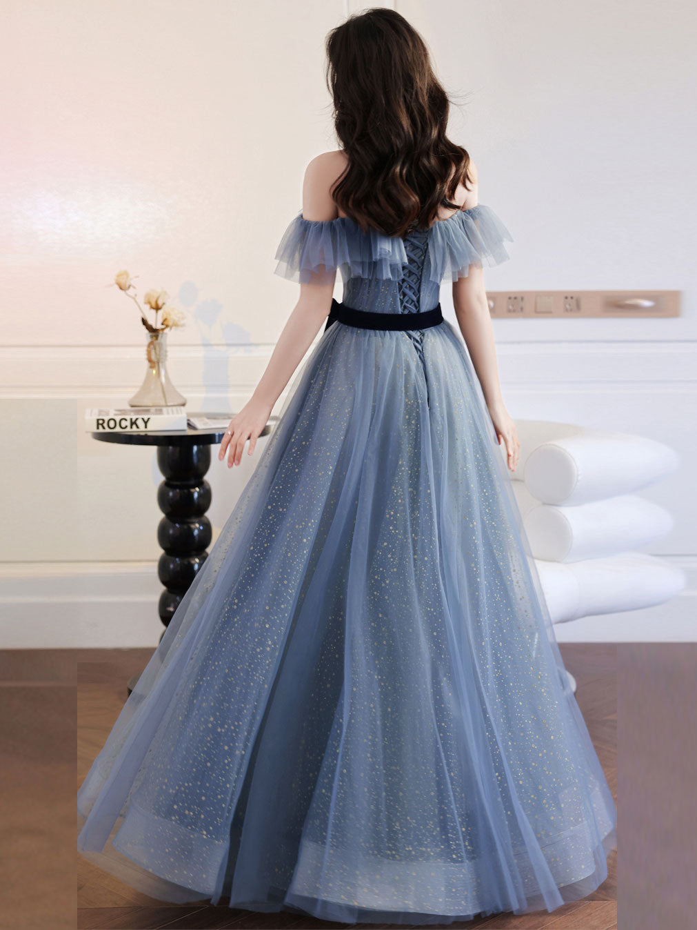 Gray Blue Tulle Long Prom Dress Gray Blue Tulle Formal Dress