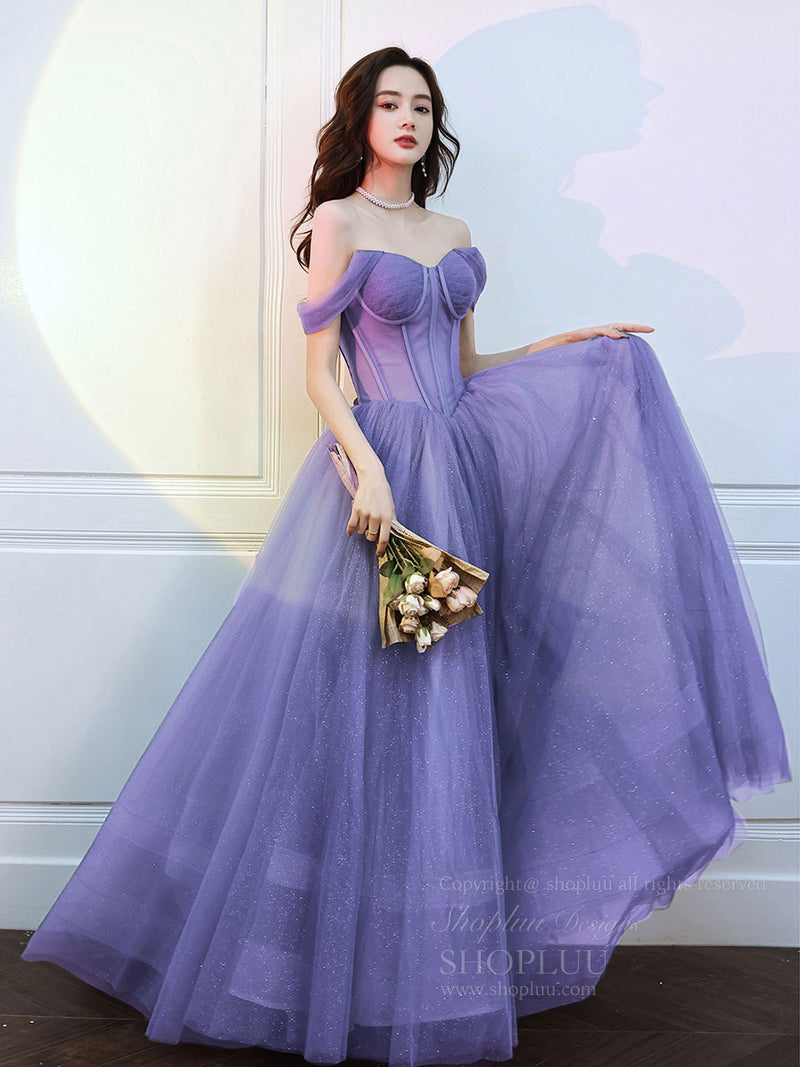 Purple Sweetheart Neck Tulle Long Prom Dress, Purple Formal Evening Graduation Dress