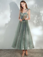 A -line Tulle Lace Tea Length Green Prom Dress, Formal Aline Green Homecoming Dresses