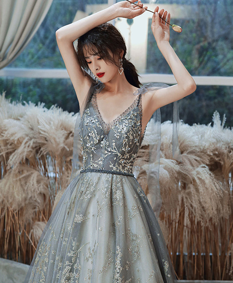 Gray Blue Tulle Sequin Long Prom Dress Tulle Formal Dress