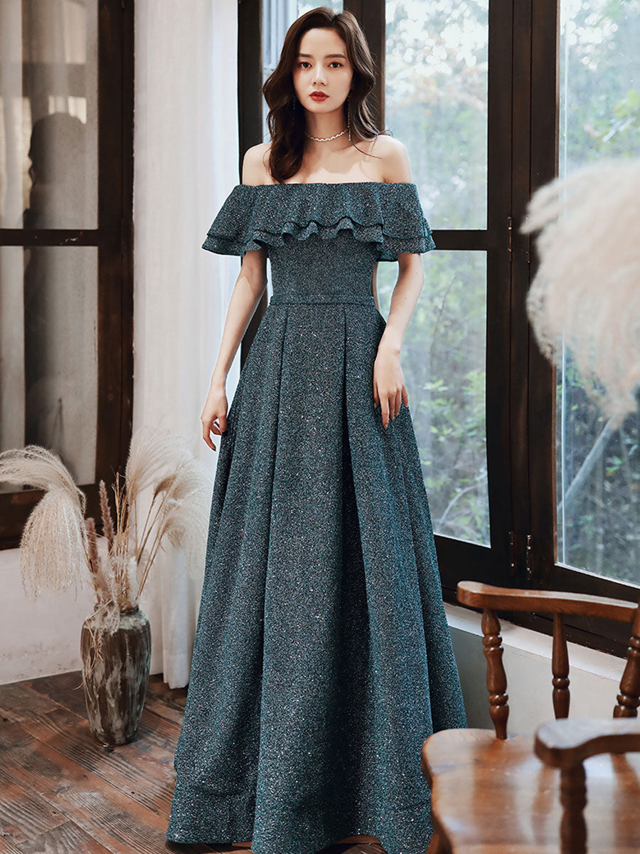 Simple Green Off Shoulder Long Prom Dress, Green Formal Graduation Dresses