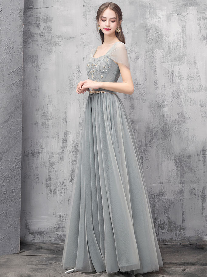 Gray A-line Off Shoulder Tulle Beads Long Prom Dress, Gray Evening Dress