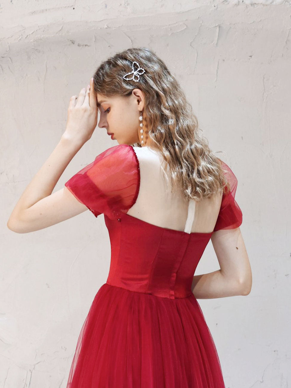 Tulle Burgundy Evening Dresses with Beading