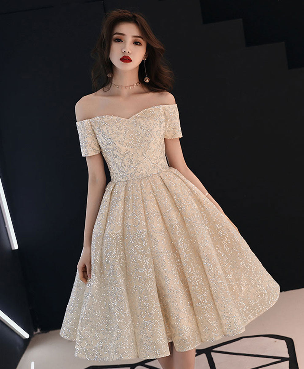 Champagne Sweetheart Tulle Sequin Prom Dress, Champagne Homecoming Dress