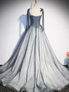 A Line Gray Long Prom Dresses, Tulle Gray Formal Graduation Dress with Beading