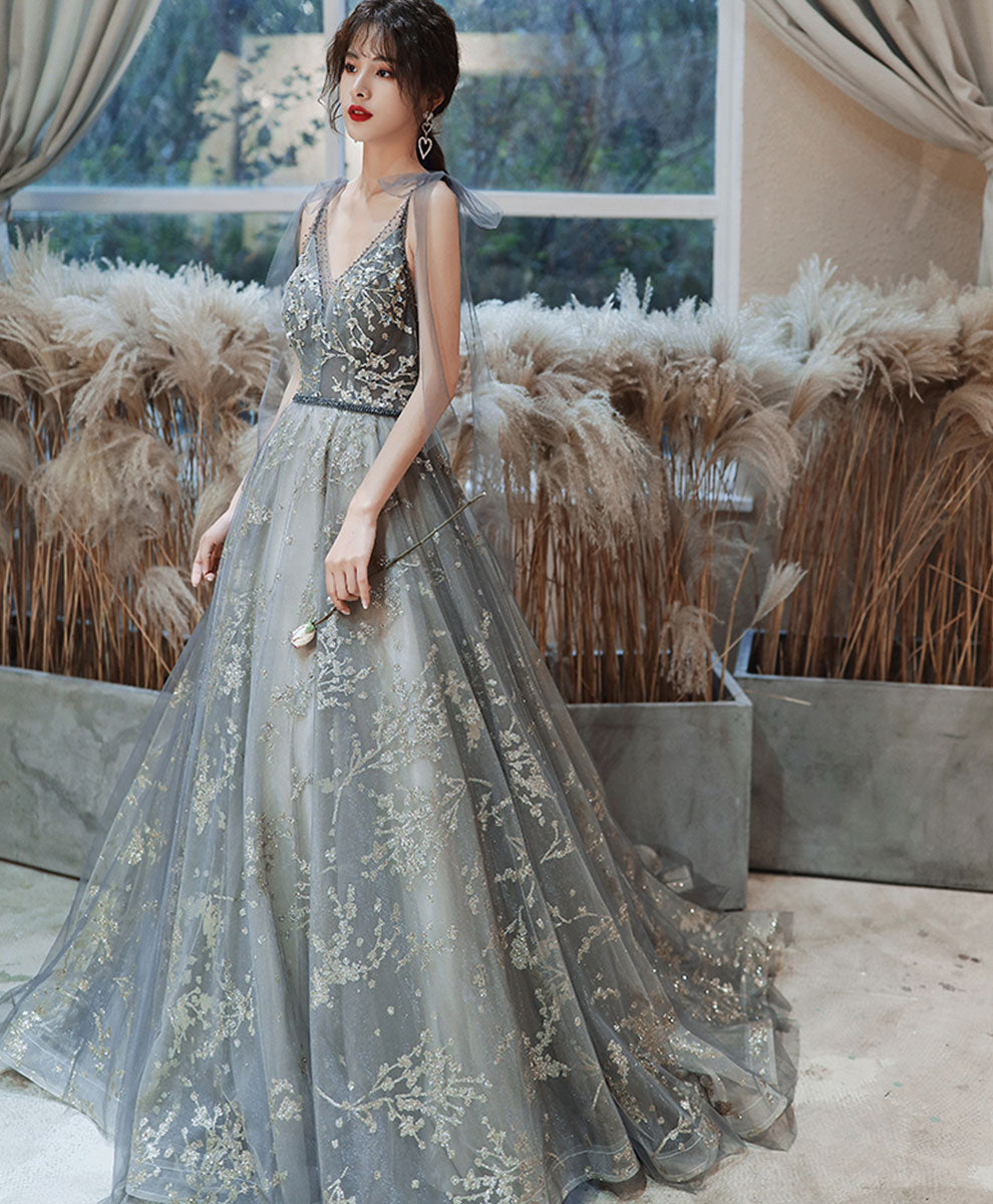 Gray Blue Tulle Sequin Long Prom Dress Tulle Formal Dress