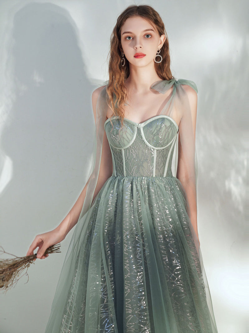 A -line Tulle Lace Tea Length Green Prom Dress, Formal Aline Green Hom ...
