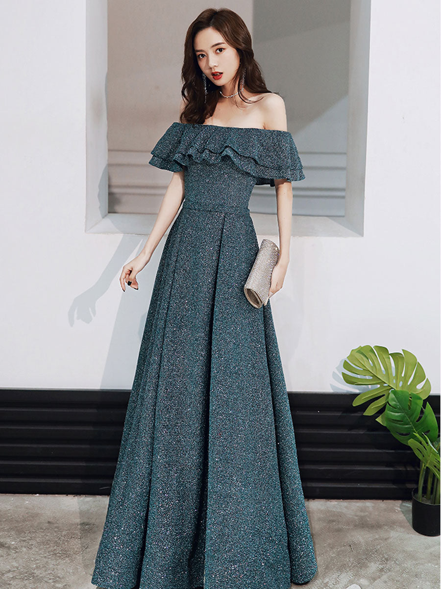Simple Green Off Shoulder Long Prom Dress, Green Formal Graduation Dresses