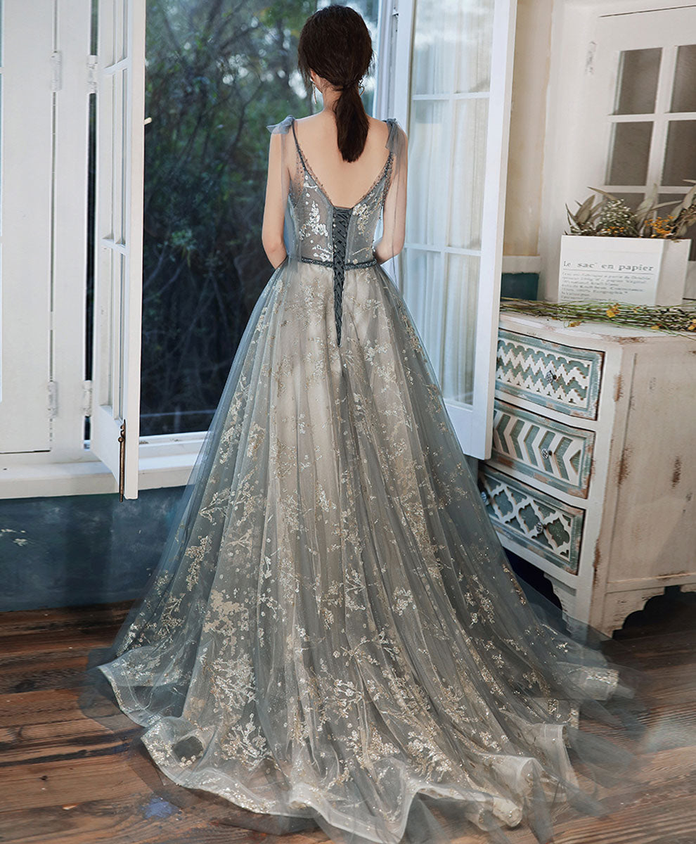 Gray Blue Tulle Sequin Long Prom Dress Tulle Formal Dress