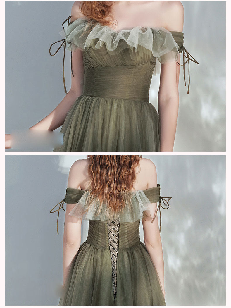 Green Aline Tulle Long Prom Dress, Green Tulle Formal Dress